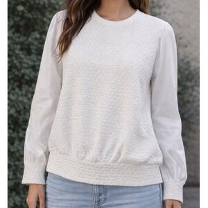 Porridge Clothing White‎ Textured Matelasse Mixed Media Puff Sleeve Top XL e3